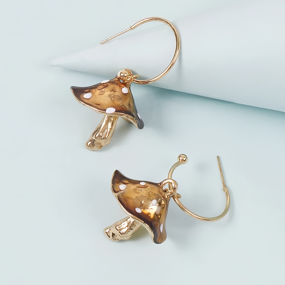 Vintage Mushroom Dangle Earrings Enamel Coating Hypoallergenic